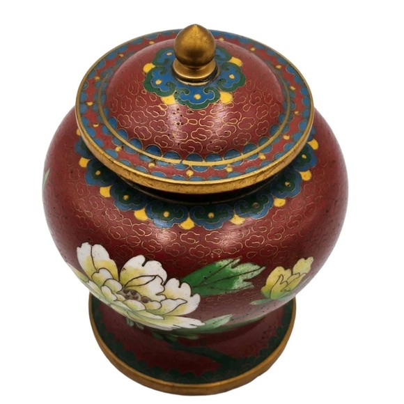 Vintage Dark Red Peony Design Chinese Brass Cloisonné Ginger/Tea Jar * Pristine - Picture 5 of 11
